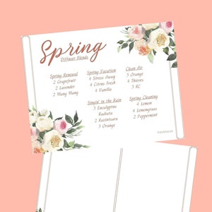 Op de afbeelding: Een printbare gids met bloemmotieven en de tekst "Spring Diffuser Blends". De gids somt verschillende essentiële oliemengsels voor de lente op, waaronder "Spring Renewal", "Spring Vacation", "Singin' in the Rain", "Clean Air" en "Spring Cleaning".
