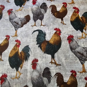 May include: Fabric featuring a repeating pattern of colorful roosters with red combs and wattles. The roosters are depicted in various poses against a light gray background with a subtle newspaper print.