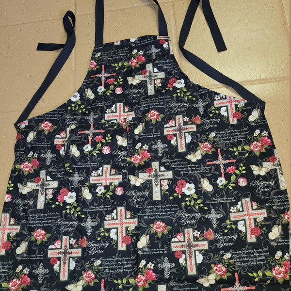 Amazing grace religious apron. Crosses Handmade, fully Lined with coordinating fabric.  Pocket, Xlong Ties For Any Size. 2 Free Potholders.