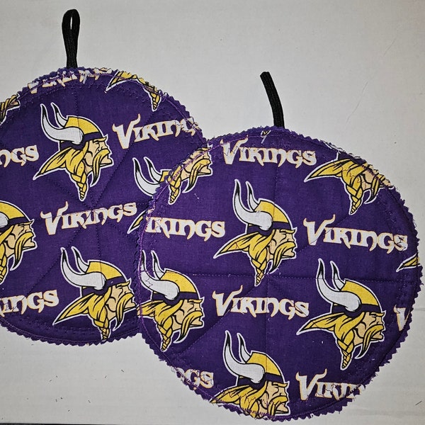 Minnesota Vikings potholders. 2 potholders. 7" handmade,  licensed fabric. Extra thermal protection.  Licensed Wrap and Zap" Washable,