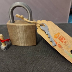 Può includere: Un lucchetto argentato con una chiave attaccata a un'etichetta marrone con il testo "AD3" e un cuore. L'etichetta è legata al lucchetto con uno spago marrone.