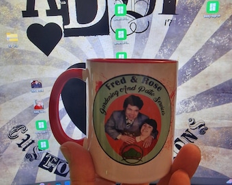 Fred and Rose Gardening dark humour, white mug with red handle and inner.