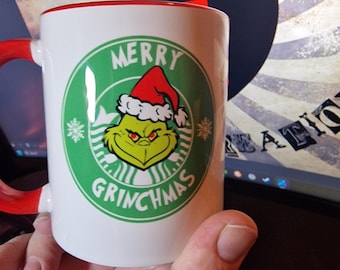 Grinch Starbucks themed mug 11oz red handle and inner, and set of 4 coasters and holder.