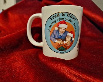 Fred and Rose Gardening murder Christmas mug, dark humour