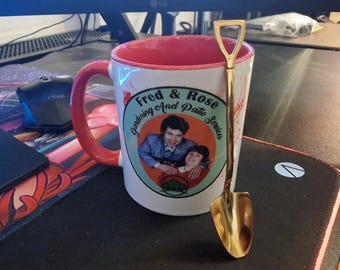 Fred and Rose Gardening dark humour,muder mug and shovel spoon gift set. White mug with red handle and inner.