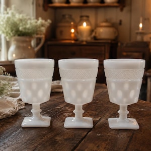 Vintage Milk Glass Goblets Set of 3 McKee Toltec Opalescent Glass Pedestal Goblets Cottagecore Decor