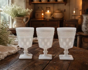 Juego de 3 copas de vidrio opalino vintage McKee Toltec, copas de pedestal de vidrio opalino, decoración estilo cottagecore.