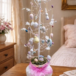Handcrafted Easter Ornament Tree with Hanging Bunny & Egg Accents – Cottagecore Spring Tabletop Display