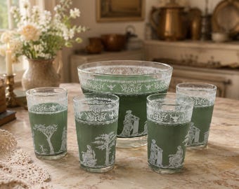 Juego de bar vintage Jeannette Jasperware con cubitera y 4 vasos, estampado de camafeo romano verde.