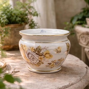 Signed Facciolini Castelli Italy Floral Cachepot with Gold Trim – Midcentury Italian Pottery Planter