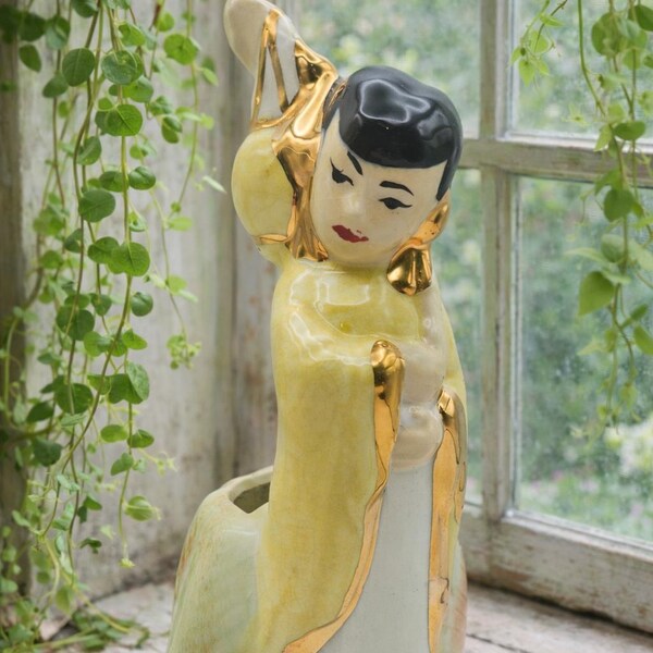 Vintage Mid Century Lady Planter Gold Accent Ceramic Figurine Vase