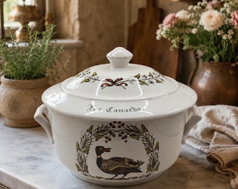 Sopera de porcelana francesa con tapa, APILCO France Les Canards Plato para pato, cuenco de servir de estilo campestre francés vintage