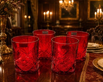 Juego de 4 vasos de whisky de cristal rojo rubí de la colección Dublin, modelo Shannon Godinger Double Old Fashioned. Nuevos en caja.