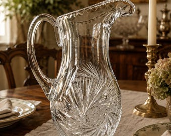 Jarra de cristal vintage tallada a mano con diseño de abanico en forma de estrella