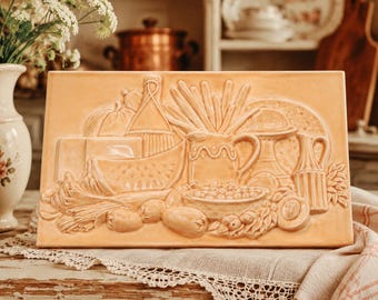 Placa de pared de yeso vintage, decoración de pared para cocina con temática otoñal, arte en relieve de frutas de mediados de siglo, adorno de pared para casa de campo.