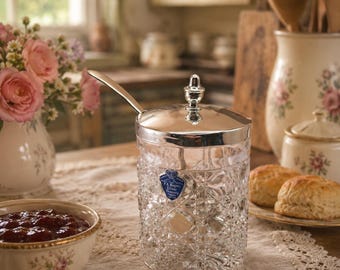 Tarro de mermelada antiguo de cristal de plomo de Alemania Occidental con tapa y cuchara bañadas en plata, azucarero F.B. Rogers, tarro de miel de cristal tallado.