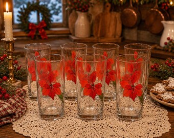 Vintage Poinsettia Glasses Set of 7 Crisal Portugal Christmas Drinkware Holiday Tumblers Mary Lou Goertzen