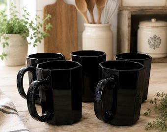 Arcoroc Octime Black Glass Mugs Set of 5 | Vintage French Octagonal Coffee Cups | Mid Century Modern Glassware
