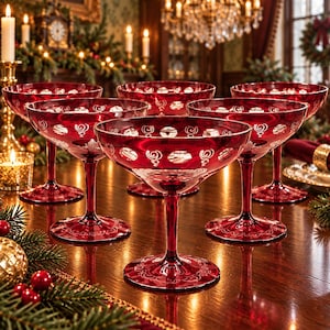 May include: A set of six ruby red crystal coupe glasses featuring a wide bowl with a clear cut-glass pattern of circles and swirls. Each glass has a slender stem and a circular base with etched decorative details, arranged on a wooden surface.