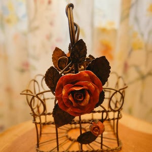 Vintage Wire Basket with Metal Roses: Cottagecore Farmhouse Decor