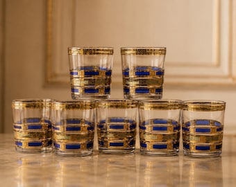 Juego de 7 vasos vintage Culver Empress con incrustaciones de oro de 22 quilates, vasos dobles para whisky, color azul verdoso, artículos de bar de mediados de siglo.