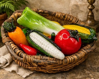 Juego de verduras de vidrio soplado a mano estilo vintage con cesta tejida – Decoración rústica de cocina