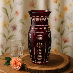 Vintage Bohemian Ruby Red Cut to Clear Crystal Vase – 7&quot; Czech Art Glass with Geometric Ovals