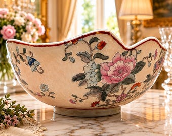 Centro de mesa de porcelana vintage H.F.P. Macao pintado a mano con motivos chinos, estilo Famille Rose, con pedestal festoneado.