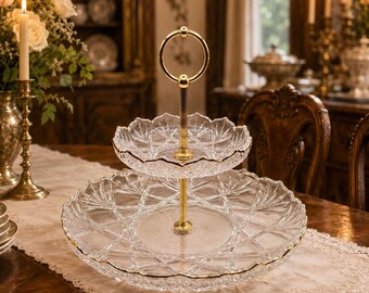 Bandeja de postres de dos niveles de cristal Mikasa Roxborough vintage con borde dorado para bodas y fiestas de té.