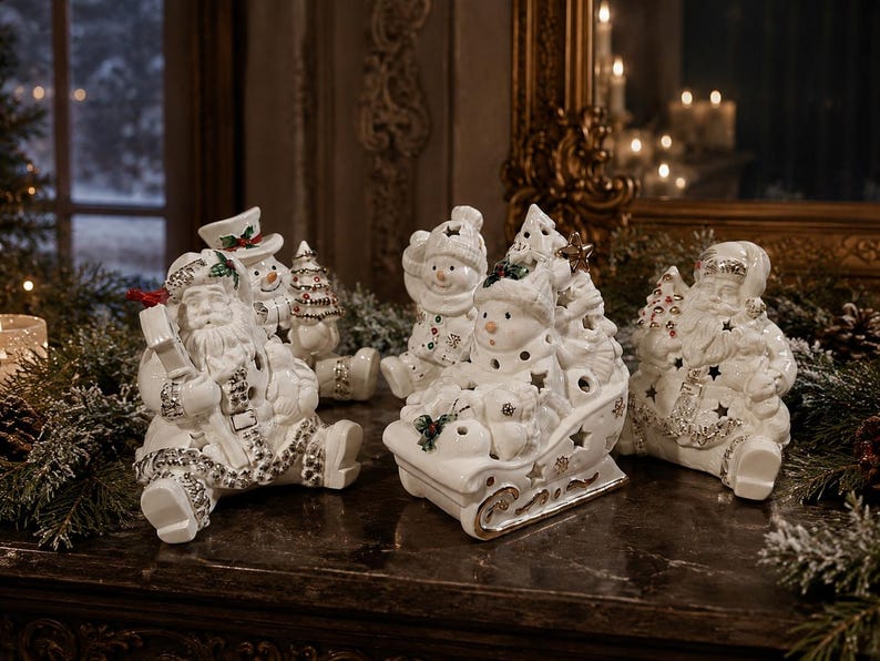 Puede incluir: Una colecci&oacute;n de figuras navide&ntilde;as de cer&aacute;mica blanca que incluye dos figuras de Pap&aacute; Noel, un mu&ntilde;eco de nieve en un trineo y un peque&ntilde;o mu&ntilde;eco de nieve con un &aacute;rbol. Cada pieza tiene detalles met&aacute;licos plateados, recortes de estrellas y acebo.