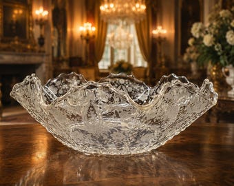 Bol de cristal Martinsville Prelude vintage nuevo de 30 cm (12 pulgadas), centro de mesa de cristal de la época de la Gran Depresión grabado con borde festoneado