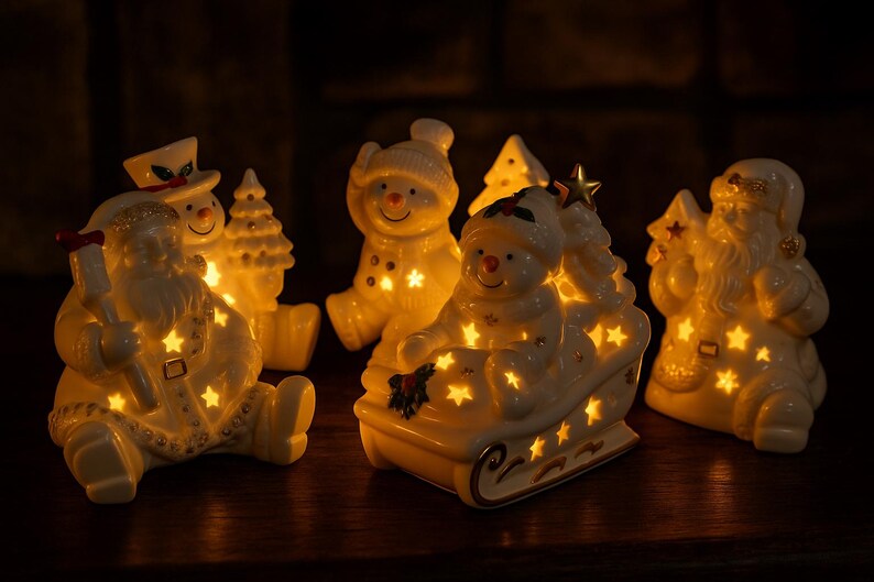 Puede incluir: Un conjunto de cuatro figuras navide&ntilde;as de cer&aacute;mica blanca, incluyendo a Santa Claus y mu&ntilde;ecos de nieve, con recortes en forma de estrella que emiten un c&aacute;lido resplandor amarillo gracias a una iluminaci&oacute;n interna. Las figuras est&aacute;n dispuestas juntas.