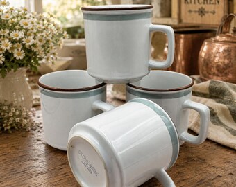 Juego de 3 o 4 tazas de café de gres vintage, fabricadas en Japón, estilo retro de los años 70, de cerámica, con banda marrón espuma de mar.
