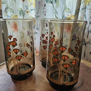 Vintage Art Deco Highball Glasses - Smoky Amber Floral Design - Set of 3