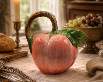 Jarra de melocotón vintage de Bassano, Italia, pintada a mano, de cerámica italiana, jarrón de frutas, decoración de estilo rústico toscano.