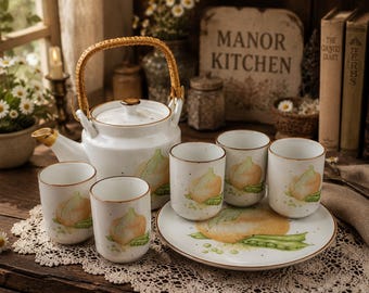 Juego de té japonés vintage Asahi Japan, tetera de cerámica de 5 tazas, decoración de cocina estilo cottagecore.