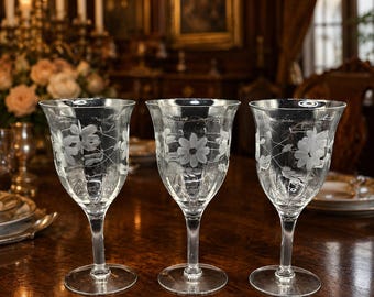 Juego de 3 copas de jerez vintage WJ Hughes Cornflower Optic, cristalería grabada con diseño de rueda, cristal elegante canadiense.