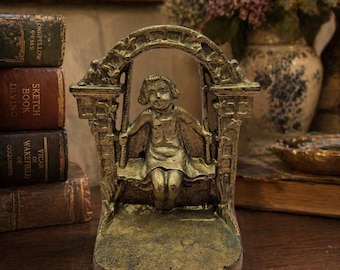 Vintage Cast Iron Girl on Swing Bookend, Romantic Garden Decor, Antique Style Child Figure, Cottagecore Shelf Accent, Storybook Charm