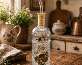 Aceitera/vinagrera de vidrio vintage pintada a mano con diseño floral, decoración rústica para cocina, firmada por Abrams.