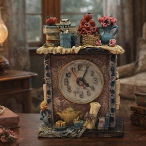 May include: A decorative clock with a vintage aesthetic. The clock features a round face with black numerals and hands. The top of the clock is adorned with miniature books, fruit, and flowers. The clock is set on a wooden surface.