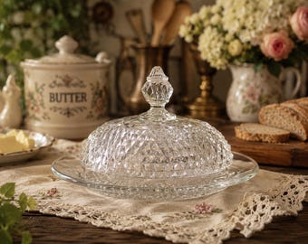 Mantequera vintage de vidrio prensado con tapa, diseño de rombos, recipiente para mantequilla con tapa, decoración de cocina estilo cottagecore, vidrio de mediados de siglo.
