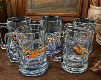 Vintage Princess House Game Bird Glass Mugs Set of 5, Pheasant Duck Goose Bird Dog Hunting Cabin Barware, Greek Key Beer Mugs