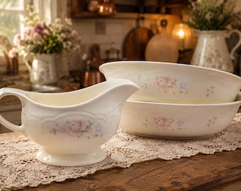 Juego de cuencos para servir Pfaltzgraff Tea Rose vintage, gres estadounidense, salsera, decoración de cocina rústica floral rosa, vajilla de estilo campestre.