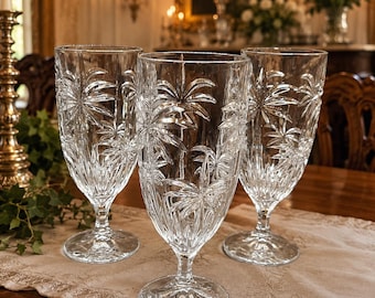 Juego de 3 copas de agua de cristal Godinger Shannon Palm, estilo vintage, de la colección South Beach, vasos de cristal costero y artículos de bar.