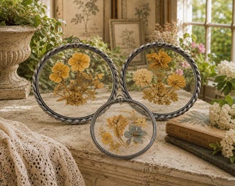 Juego de 3 marcos de cristal botánicos vintage para decoración de pared con flores prensadas, estilo cottagecore. Arte floral para pared.