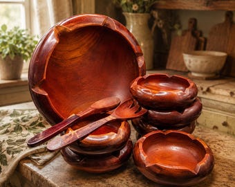 Juego de ensaladera de madera vintage, ensaladera grande con 6 cuencos y utensilios, madera de Monkey Pod, decoración de comedor moderna de mediados de siglo.