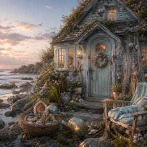 May include: A weathered coastal cottage with a light blue door, a wreath, and a thatched roof. A wicker basket filled with seashells sits on the rocky shore near a wooden chair draped in fishing nets. The scene is set at sunset by the ocean.