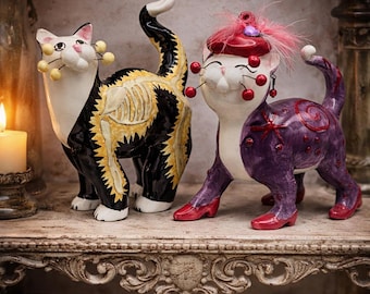 Selection of Amy Lacombe Whimsiclay Cat Figurine Collection Annaco