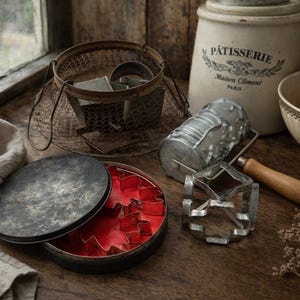 May include: A collection of vintage baking tools, including cookie cutters, a wire basket, and a rolling pin, arranged on a wooden surface. A round tin with star-shaped cutters and a ceramic jar with "Pâtisserie" text are also visible.