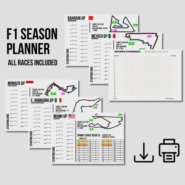 F1 journal 2024 season Planner / Printable / 24 qualifiyng & race results / Driver Standings / 25 pages / updated / in high quality